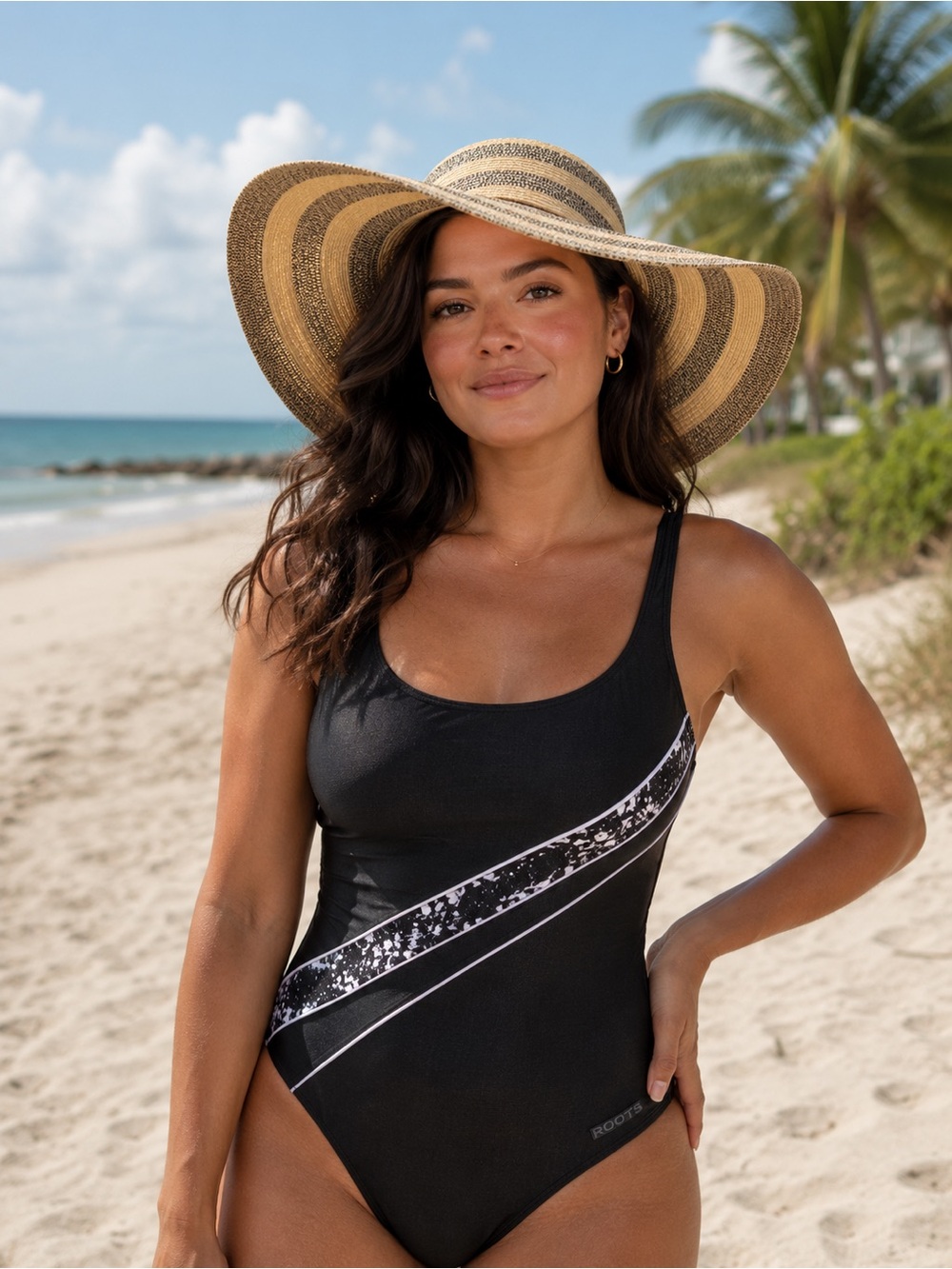 La  vie en rose floppy hat large tan/black O/S